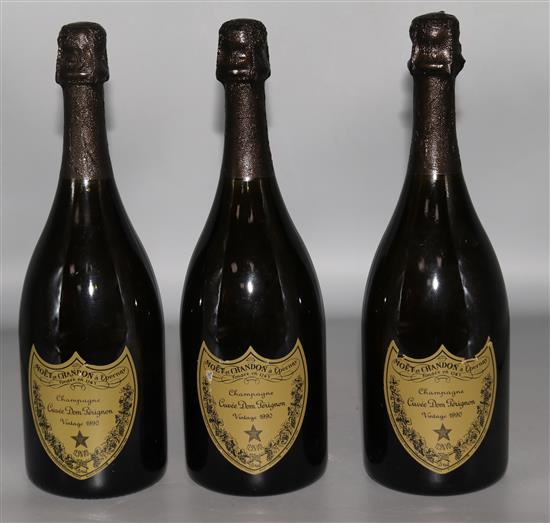 Three bottles of Dom Perignon Vintage Champagne 1990.